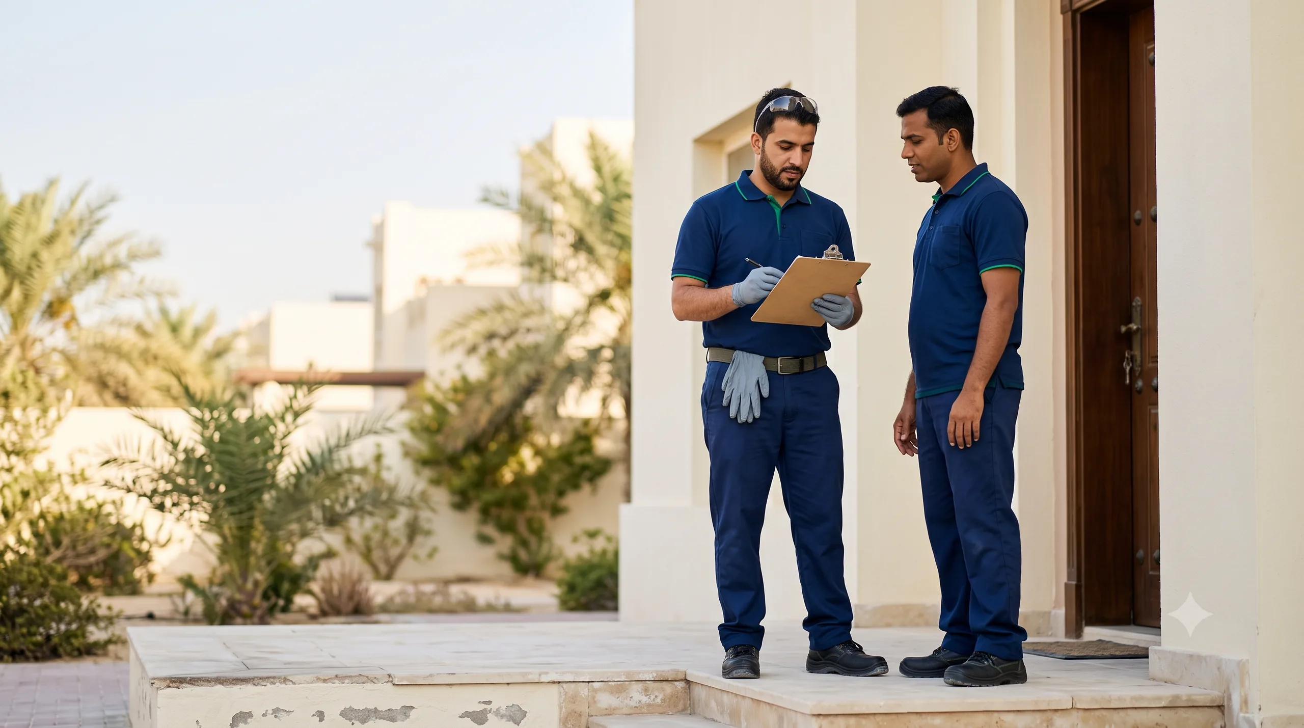 فنيا مكافحة حشرات يراجعان قائمة فحص الخدمة عند باب فيلا